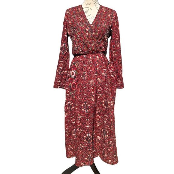 Zara Trafaluc Red Multicolor Floral Beaded V-Neck Long Sleeve Maxi Dress‎ Size S - Picture 1 of 10